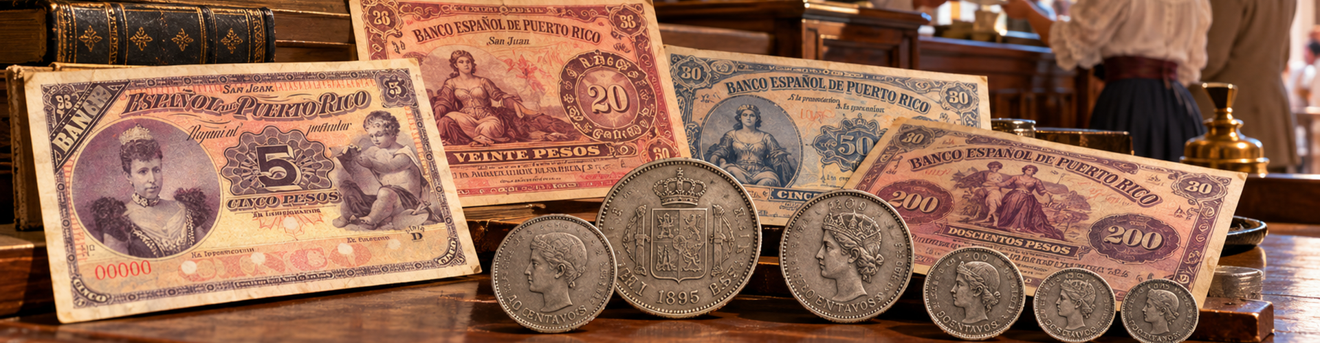 Puerto Rico's old money coins and bank notes illustration